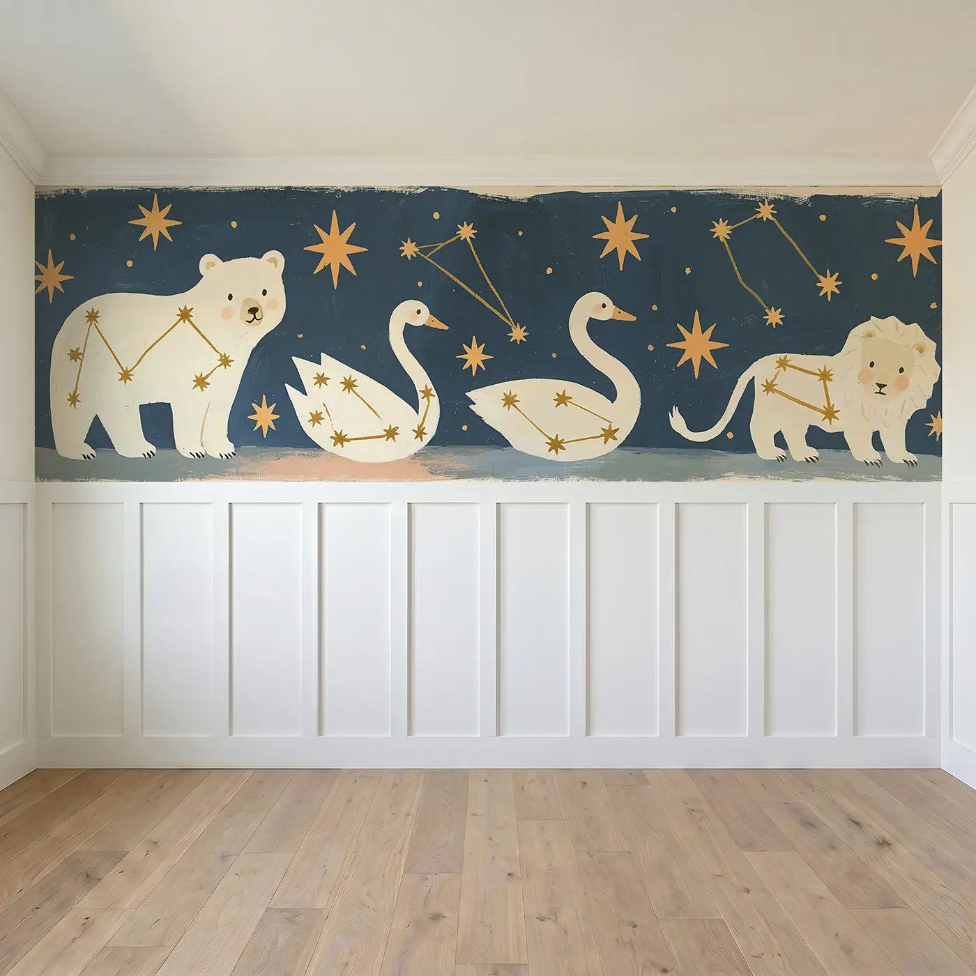Full panel view of Bold Constellation Connect Wainscoting Wallpaper by Whimsy Tots