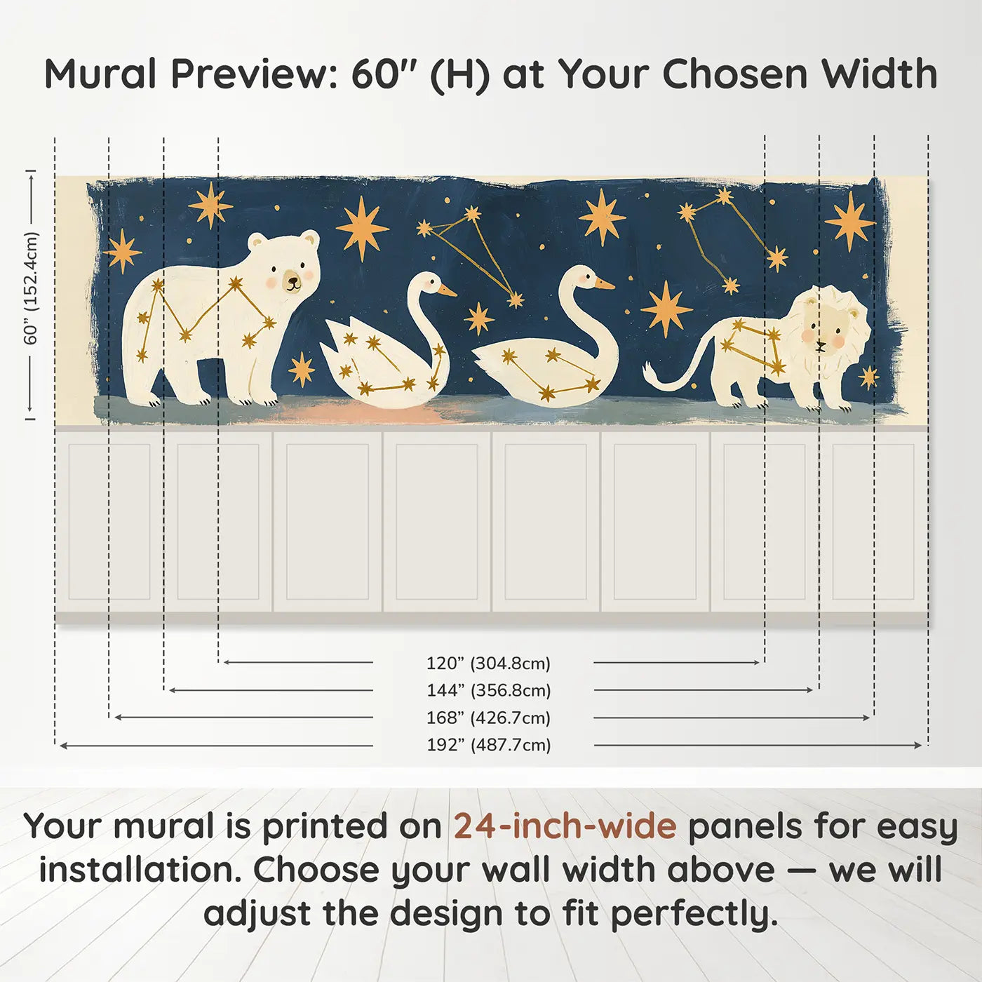 Panel dimensions for Bold Constellation Connect Wainscoting Wallpaper by Whimsy Tots