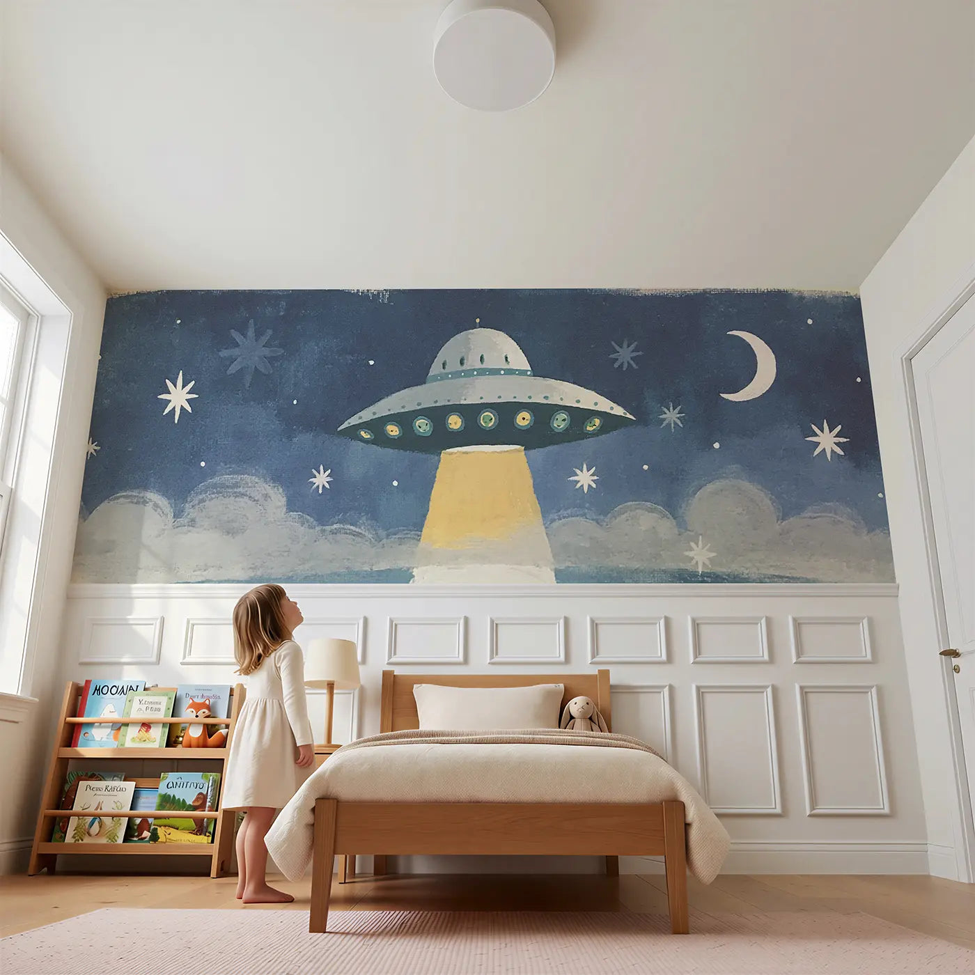 Child reading near Flat UFO Friendly Visit Wainscoting Wallpaper by Whimsy Tots