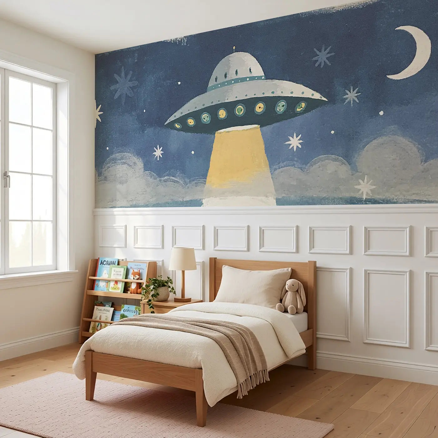 Flat UFO Friendly Visit Wainscoting Wallpaper styled in a kids bedroom by Whimsy Tots