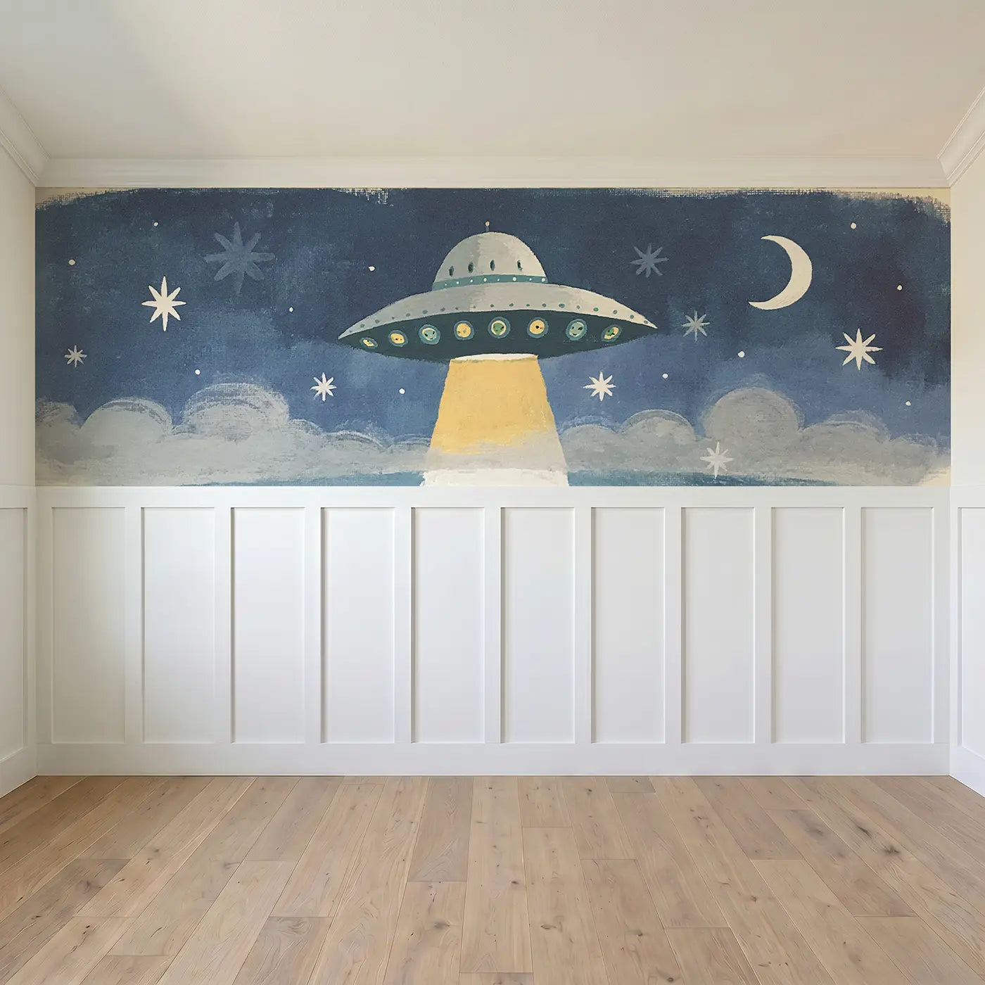 Full panel view of Flat UFO Friendly Visit Wainscoting Wallpaper by Whimsy Tots