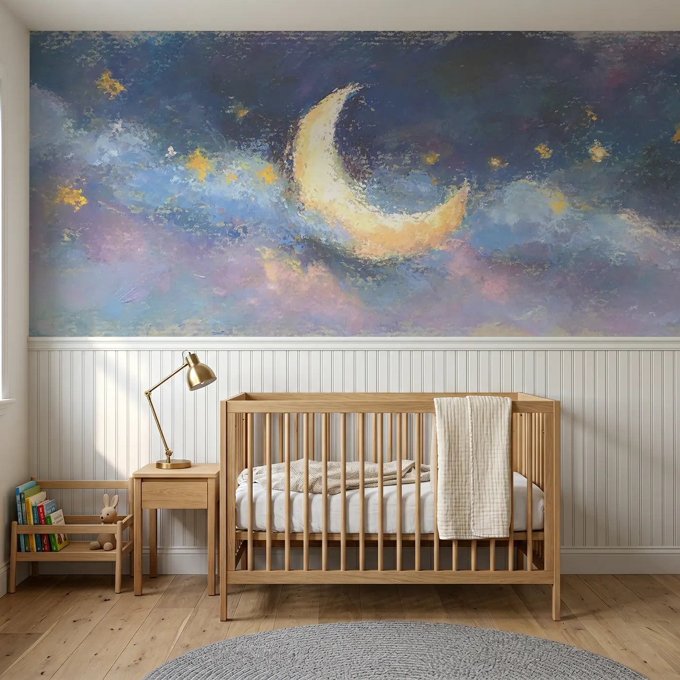 Soft Pastel chalk moon star lullaby wainscoting wallpaper for nursery by Whimsy Tots
