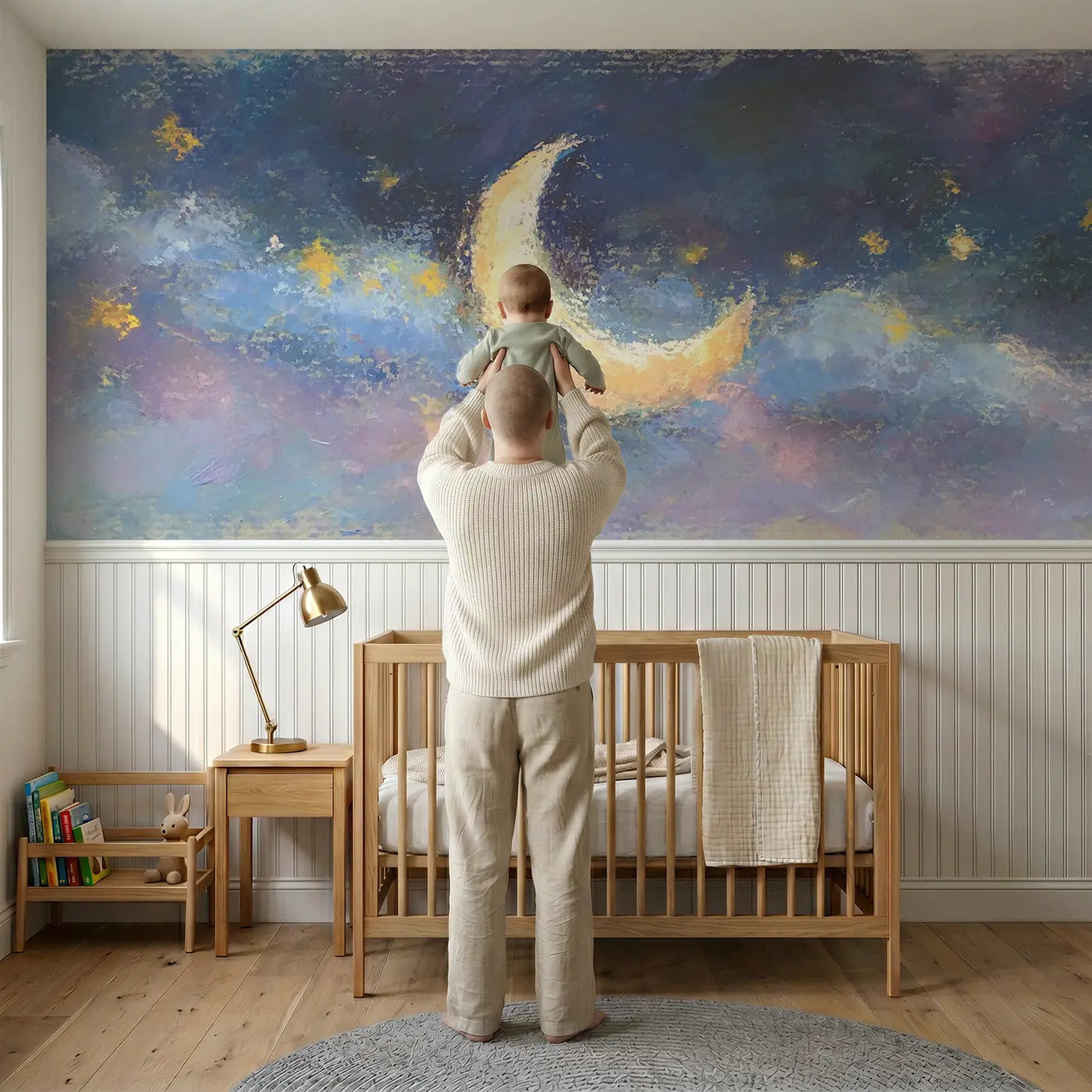 Child reading near Chalk Moon Star Lullaby Wainscoting Wallpaper by Whimsy Tots