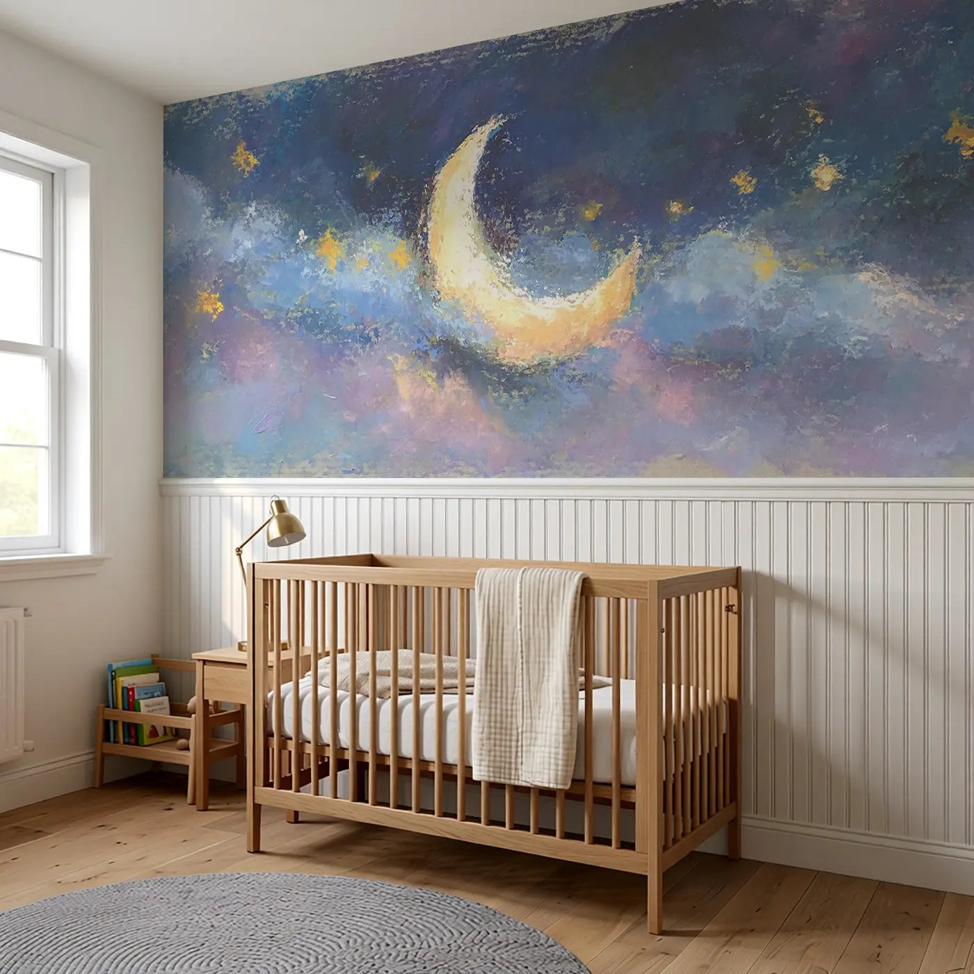 Chalk Moon Star Lullaby Wainscoting Wallpaper styled in a kids bedroom by Whimsy Tots