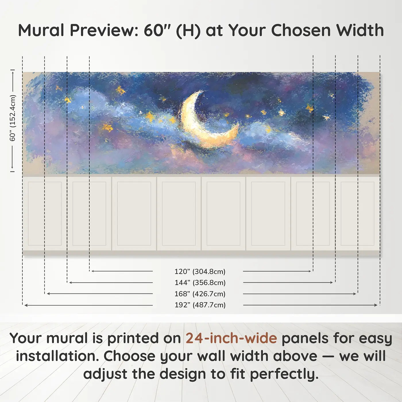 Panel dimensions for Chalk Moon Star Lullaby Wainscoting Wallpaper by Whimsy Tots
