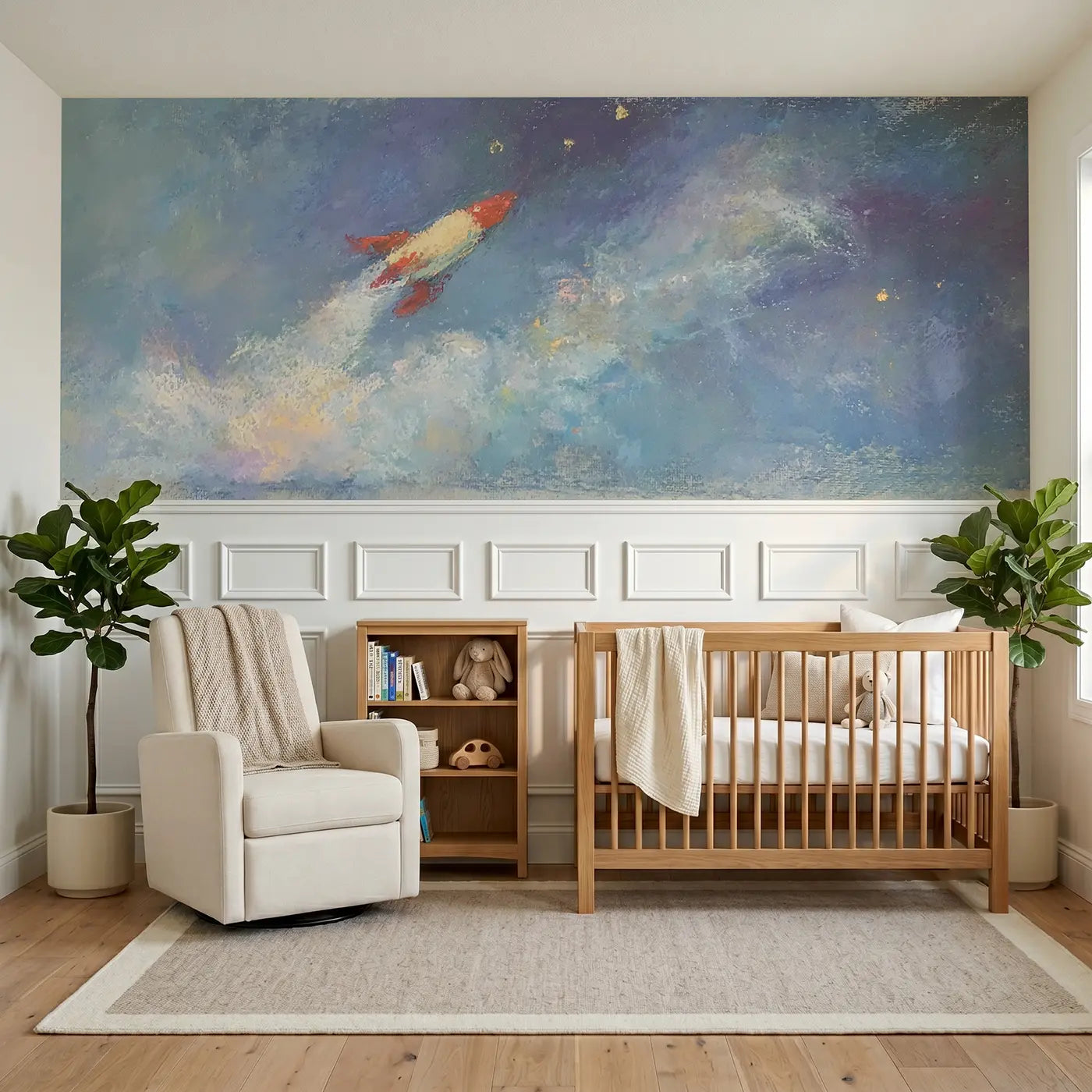 Soft Pastel rocket adventure wainscoting wallpaper for nursery by Whimsy Tots