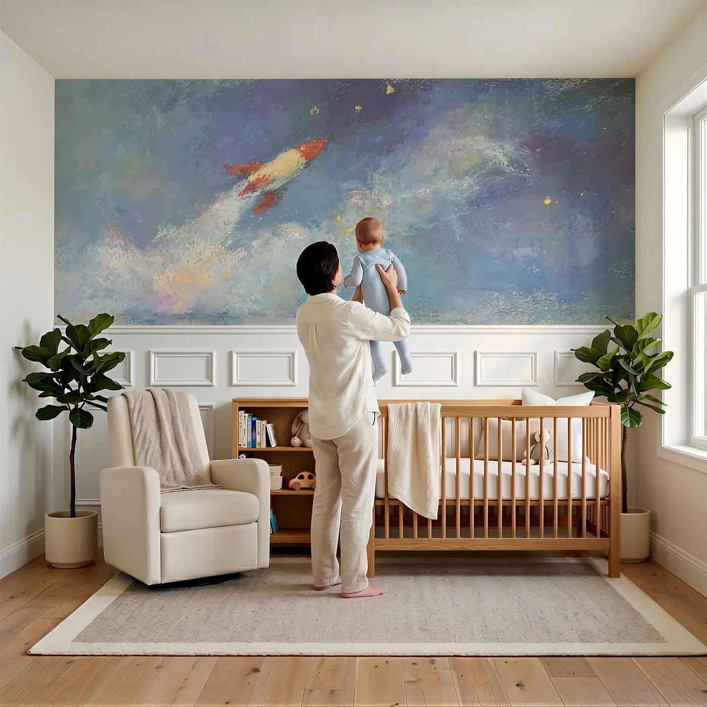 Child reading near Pastel Rocket Adventure Soft Wainscoting Wallpaper by Whimsy Tots