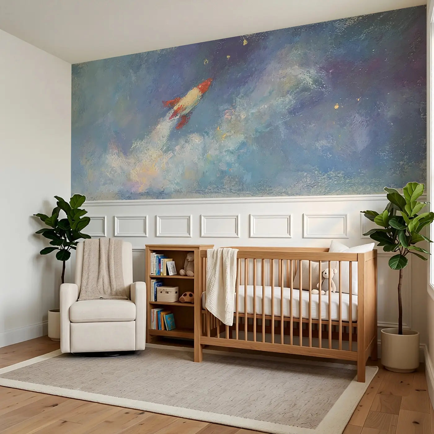Pastel Rocket Adventure Soft Wainscoting Wallpaper styled in a kids bedroom by Whimsy Tots