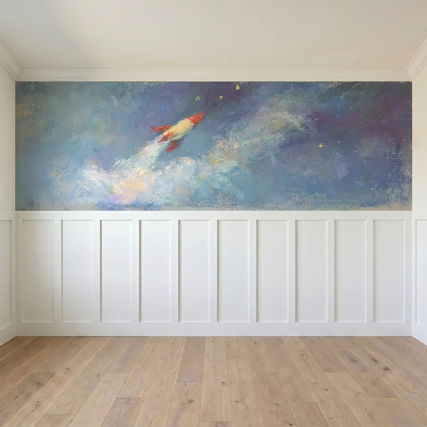 Full panel view of Pastel Rocket Adventure Soft Wainscoting Wallpaper by Whimsy Tots