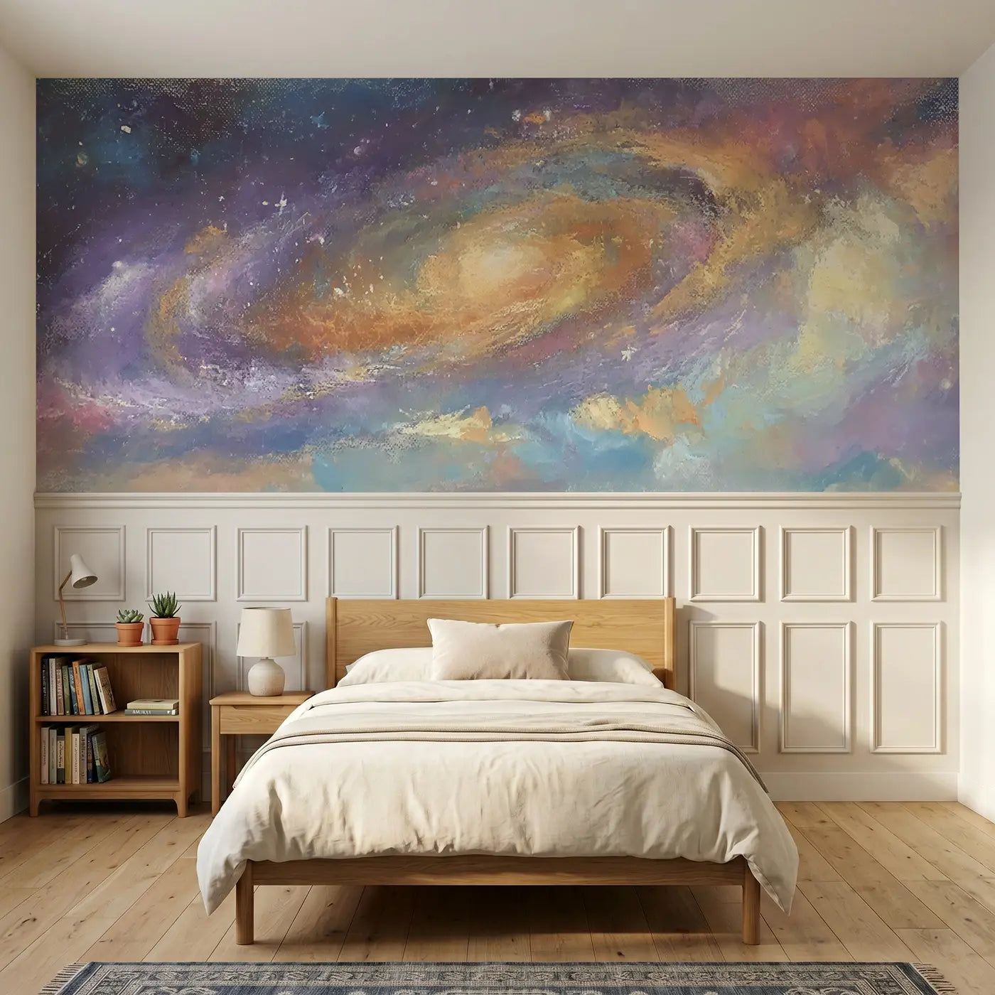 Soft Pastel chalk galaxy swirl dreamy wainscoting wallpaper for bedroom by Whimsy Tots