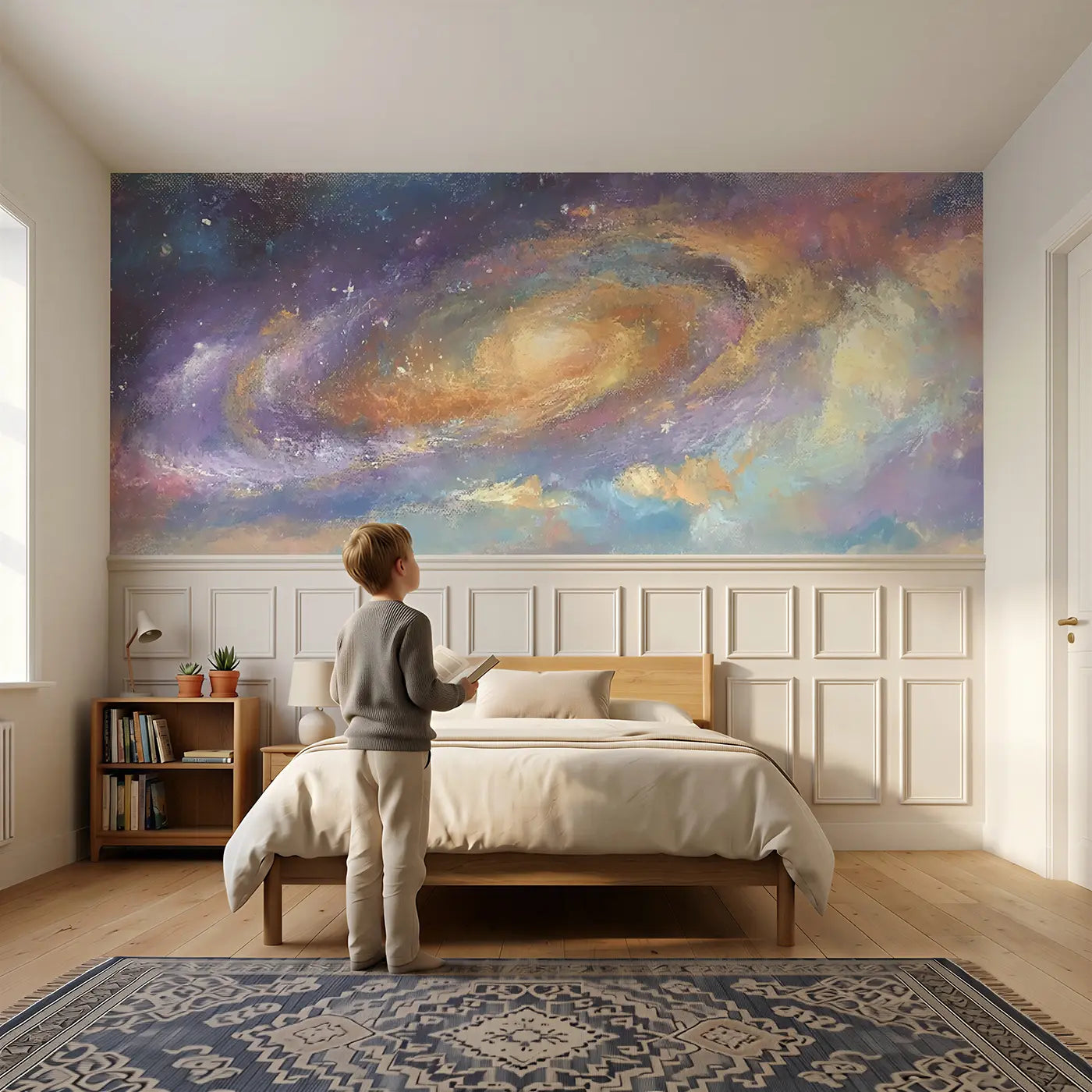 Child reading near Chalk Galaxy Swirl Dreamy Wainscoting Wallpaper by Whimsy Tots