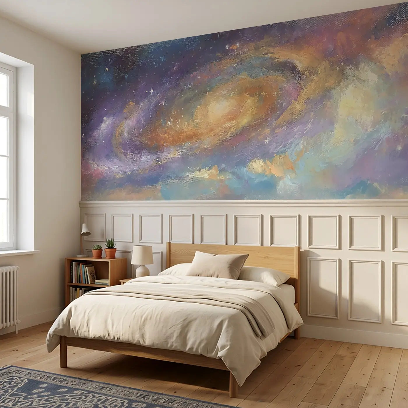 Chalk Galaxy Swirl Dreamy Wainscoting Wallpaper styled in a kids bedroom by Whimsy Tots