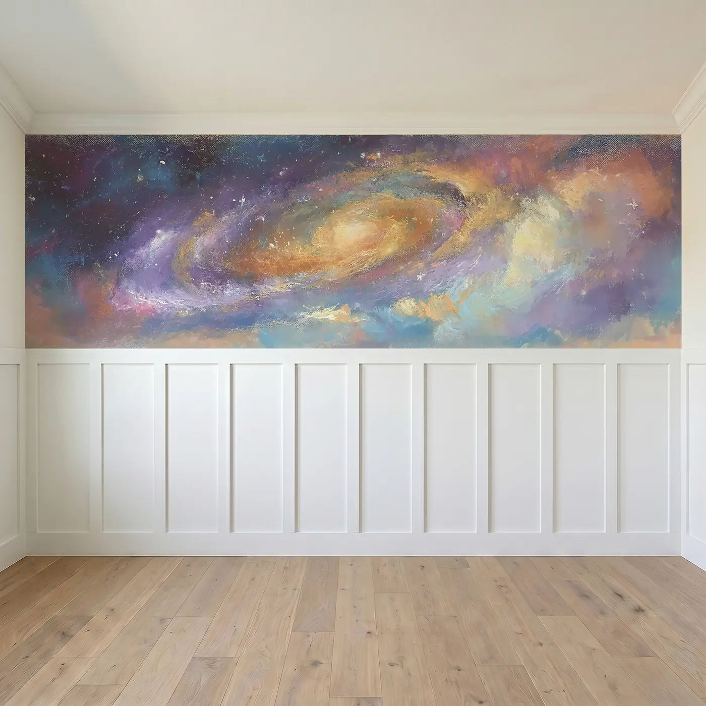 Full panel view of Chalk Galaxy Swirl Dreamy Wainscoting Wallpaper by Whimsy Tots
