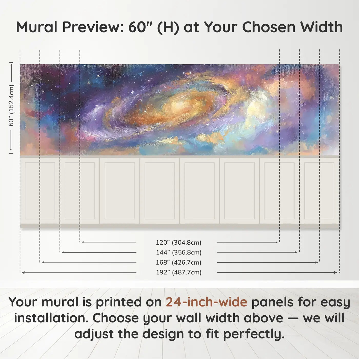 Panel dimensions for Chalk Galaxy Swirl Dreamy Wainscoting Wallpaper by Whimsy Tots