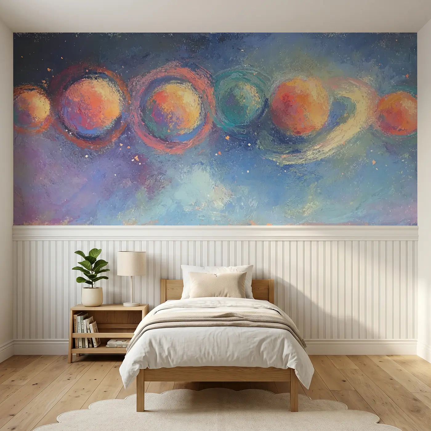 Soft Pastel fuzzy planet parade chalk wainscoting wallpaper for nursery by Whimsy Tots