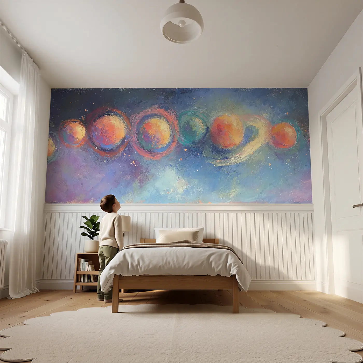Child reading near Fuzzy Planet Parade Chalk Wainscoting Wallpaper by Whimsy Tots