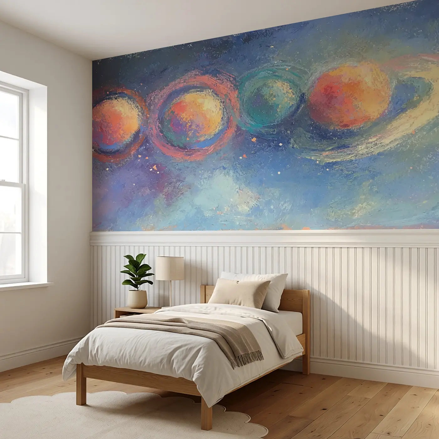 Fuzzy Planet Parade Chalk Wainscoting Wallpaper styled in a kids bedroom by Whimsy Tots