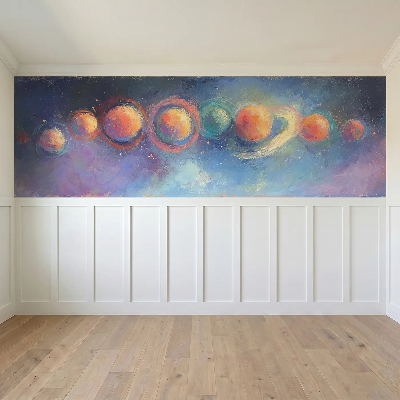 Full panel view of Fuzzy Planet Parade Chalk Wainscoting Wallpaper by Whimsy Tots