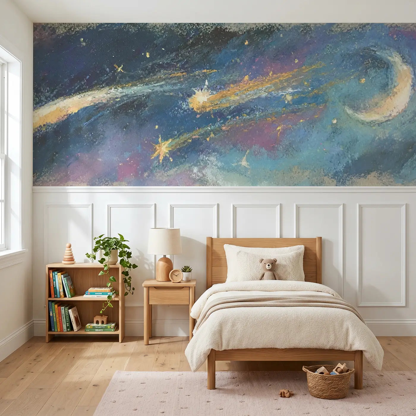 Soft Pastel chalk shooting star wish wainscoting wallpaper for nursery by Whimsy Tots
