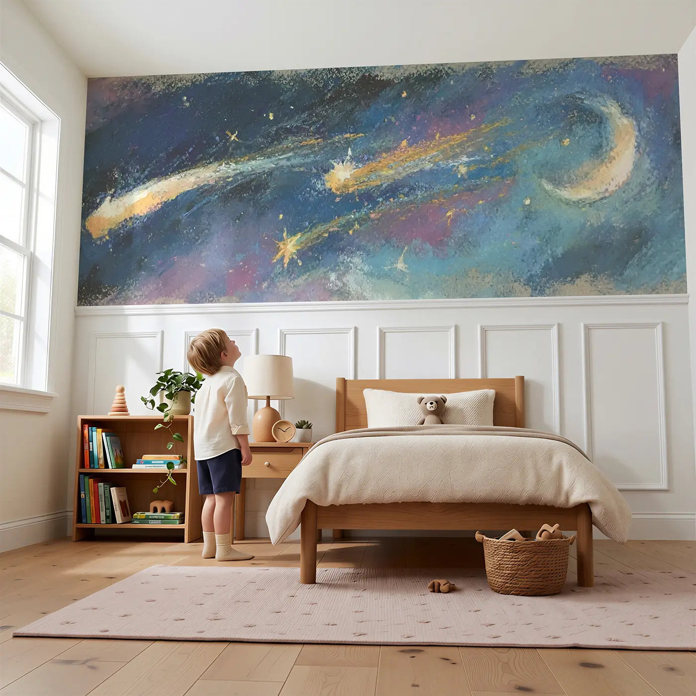 Child reading near Chalk Shooting Star Wish Wainscoting Wallpaper by Whimsy Tots