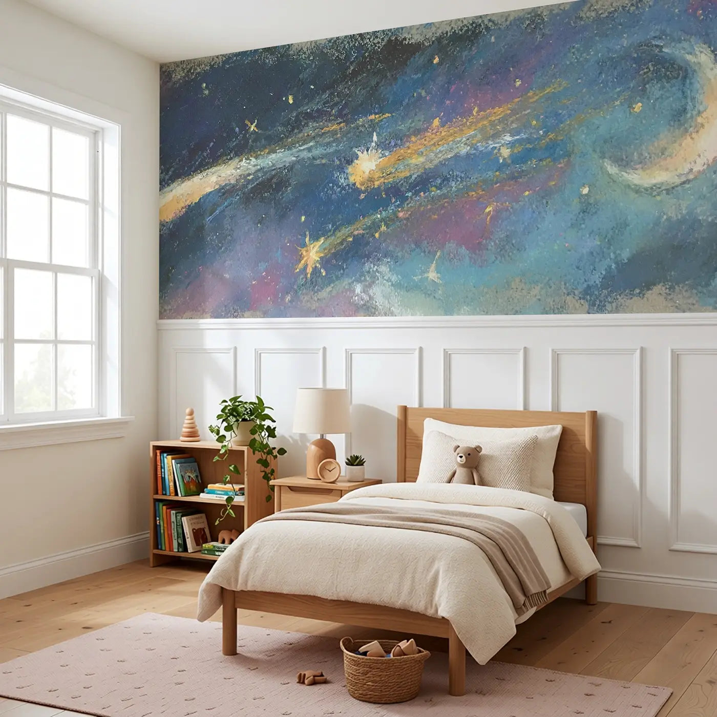 Chalk Shooting Star Wish Wainscoting Wallpaper styled in a kids bedroom by Whimsy Tots