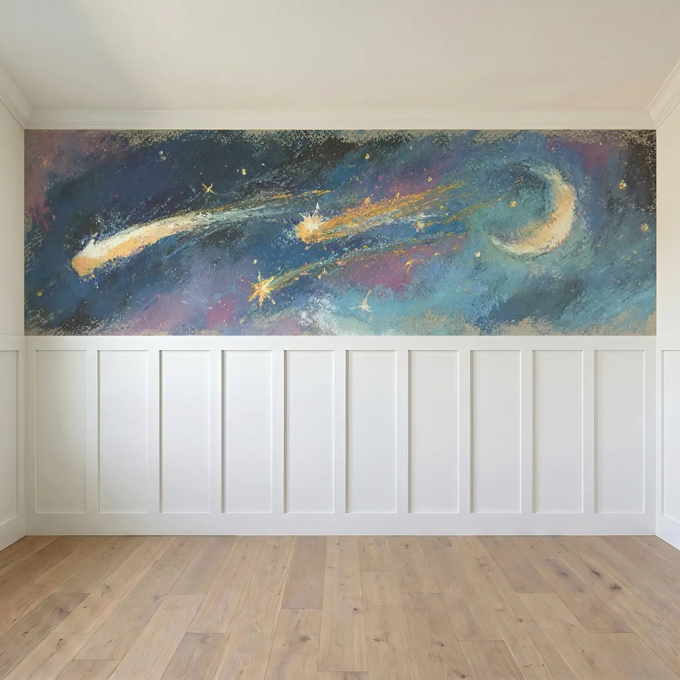 Full panel view of Chalk Shooting Star Wish Wainscoting Wallpaper by Whimsy Tots