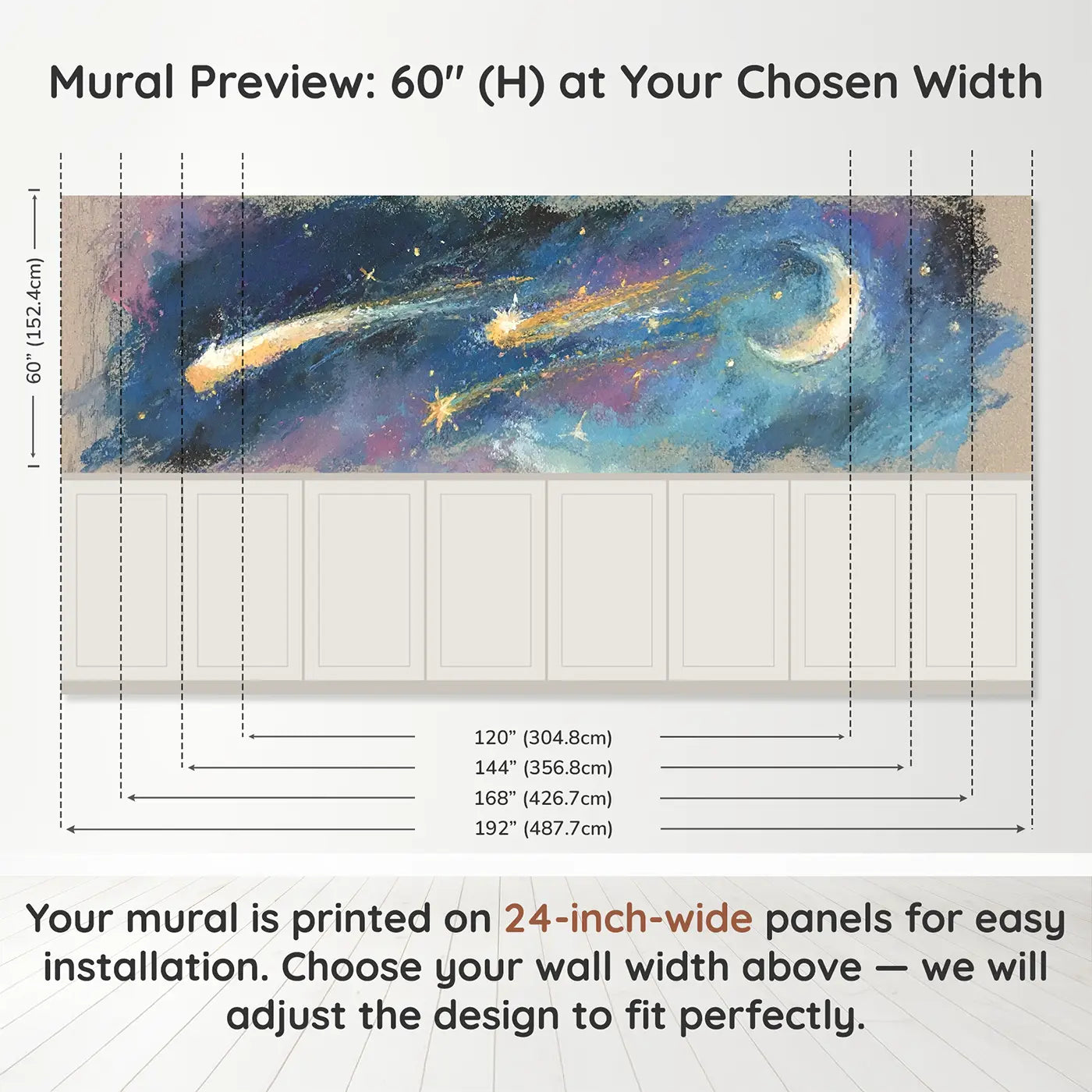 Panel dimensions for Chalk Shooting Star Wish Wainscoting Wallpaper by Whimsy Tots