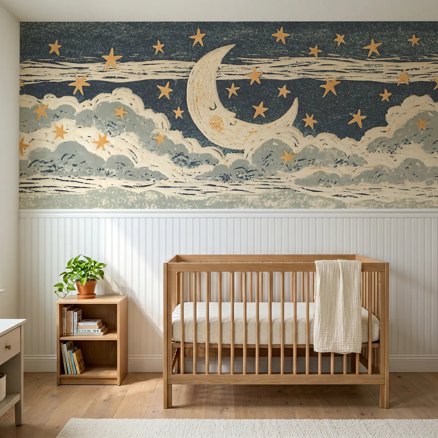 Block Print carved moon star night band wainscoting wallpaper for nursery by Whimsy Tots