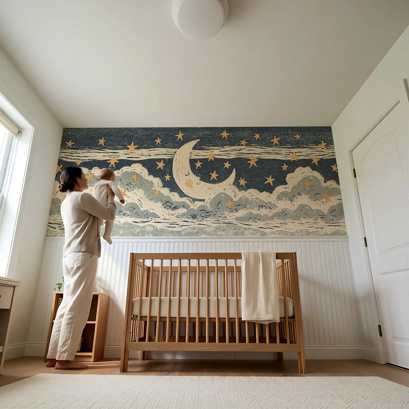 Child reading near Carved Moon Star Night Band Wainscoting Wallpaper by Whimsy Tots