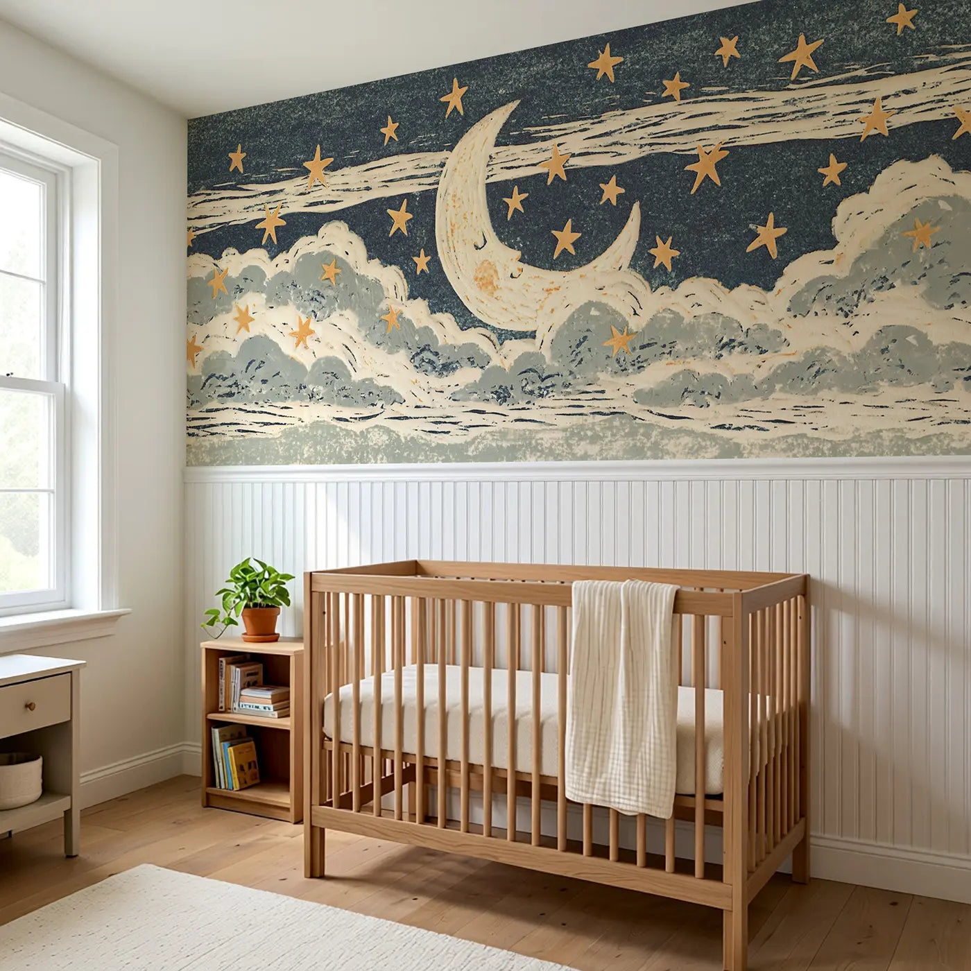 Carved Moon Star Night Band Wainscoting Wallpaper styled in a kids bedroom by Whimsy Tots