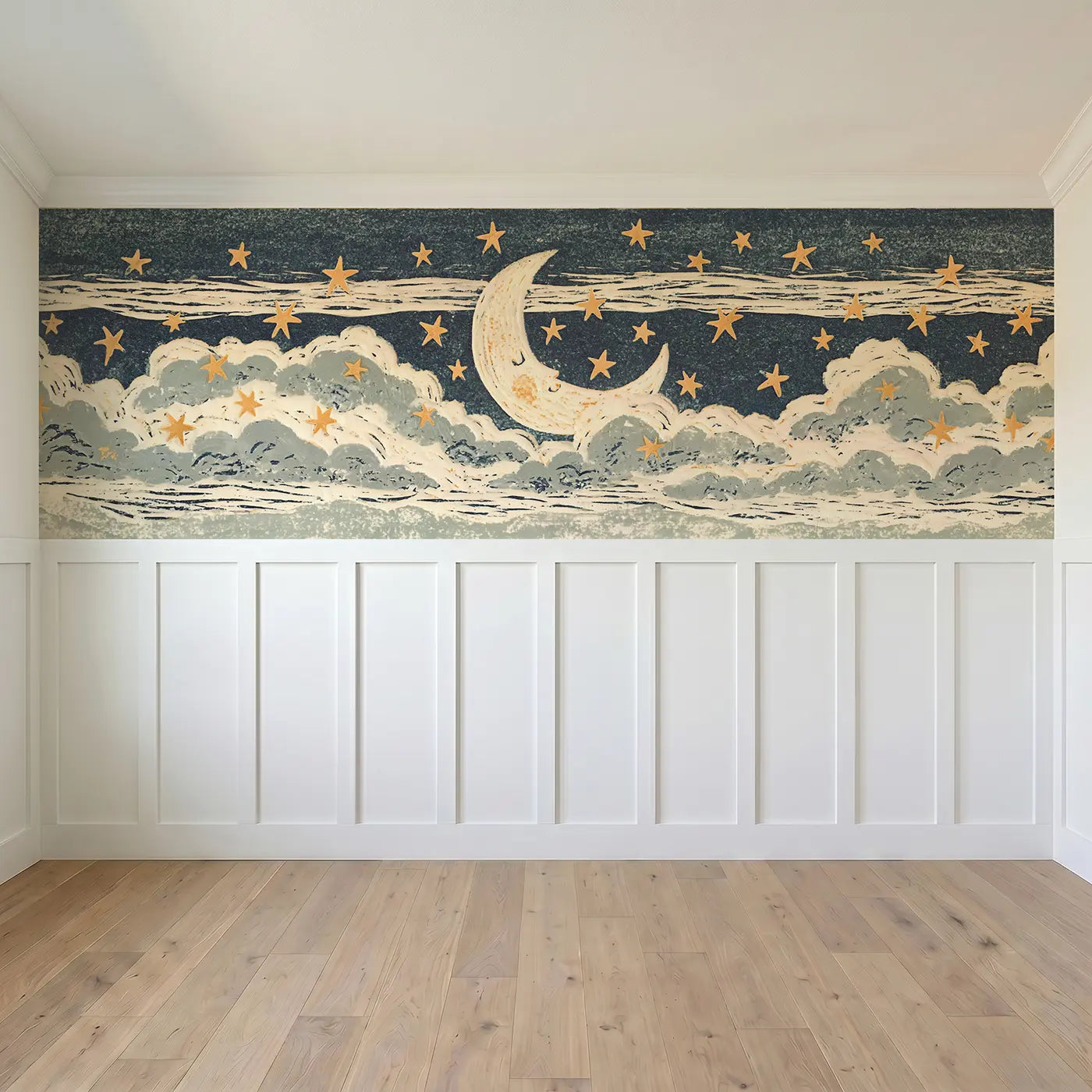 Full panel view of Carved Moon Star Night Band Wainscoting Wallpaper by Whimsy Tots
