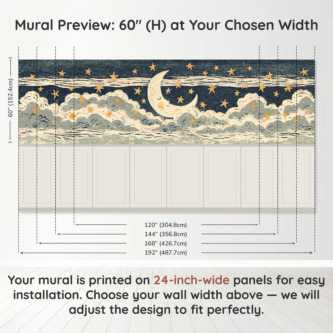 Panel dimensions for Carved Moon Star Night Band Wainscoting Wallpaper by Whimsy Tots