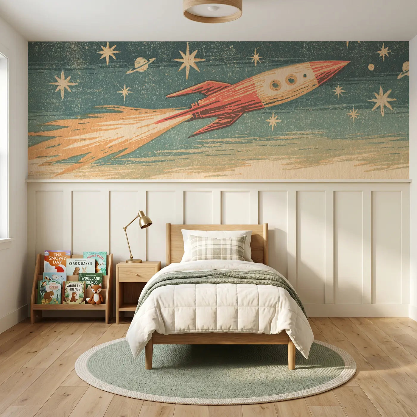 Block Print rocket launch wainscoting wallpaper for bedroom by Whimsy Tots