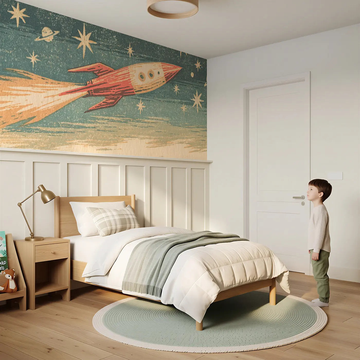Child reading near Block Print Rocket Launch Wainscoting Wallpaper by Whimsy Tots
