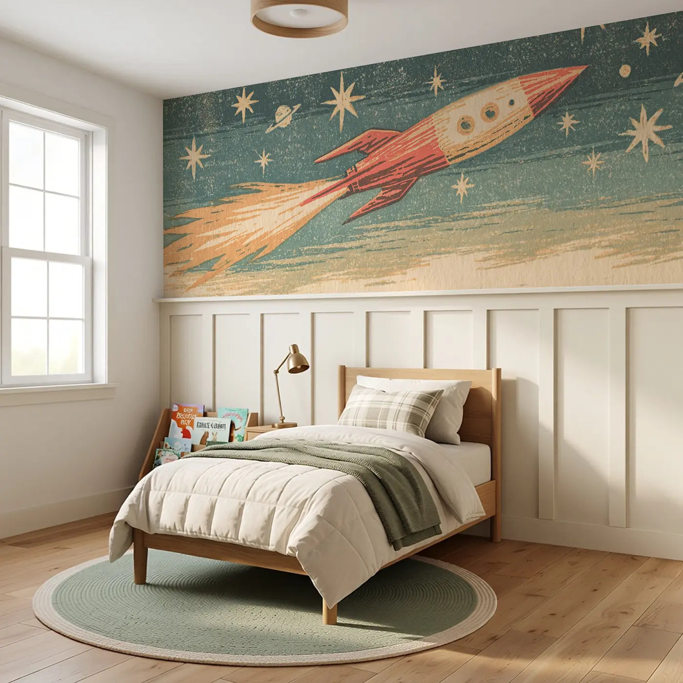 Block Print Rocket Launch Wainscoting Wallpaper styled in a kids bedroom by Whimsy Tots