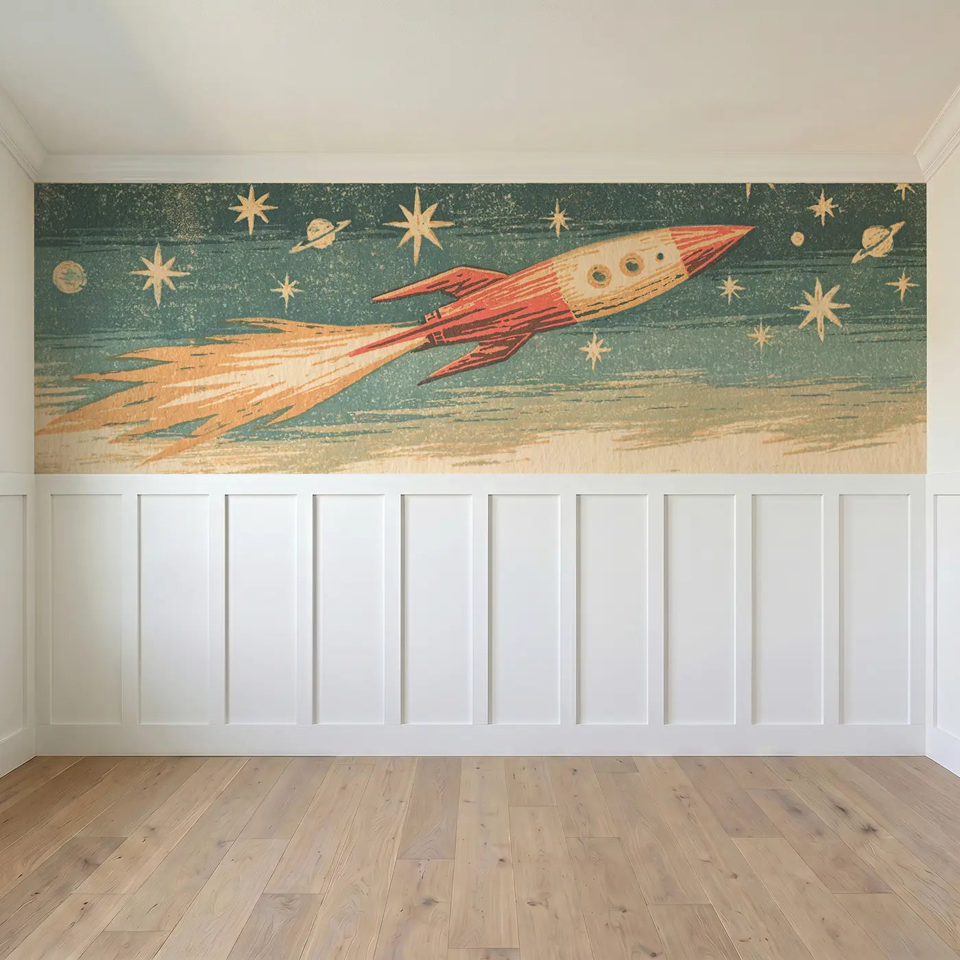 Full panel view of Block Print Rocket Launch Wainscoting Wallpaper by Whimsy Tots