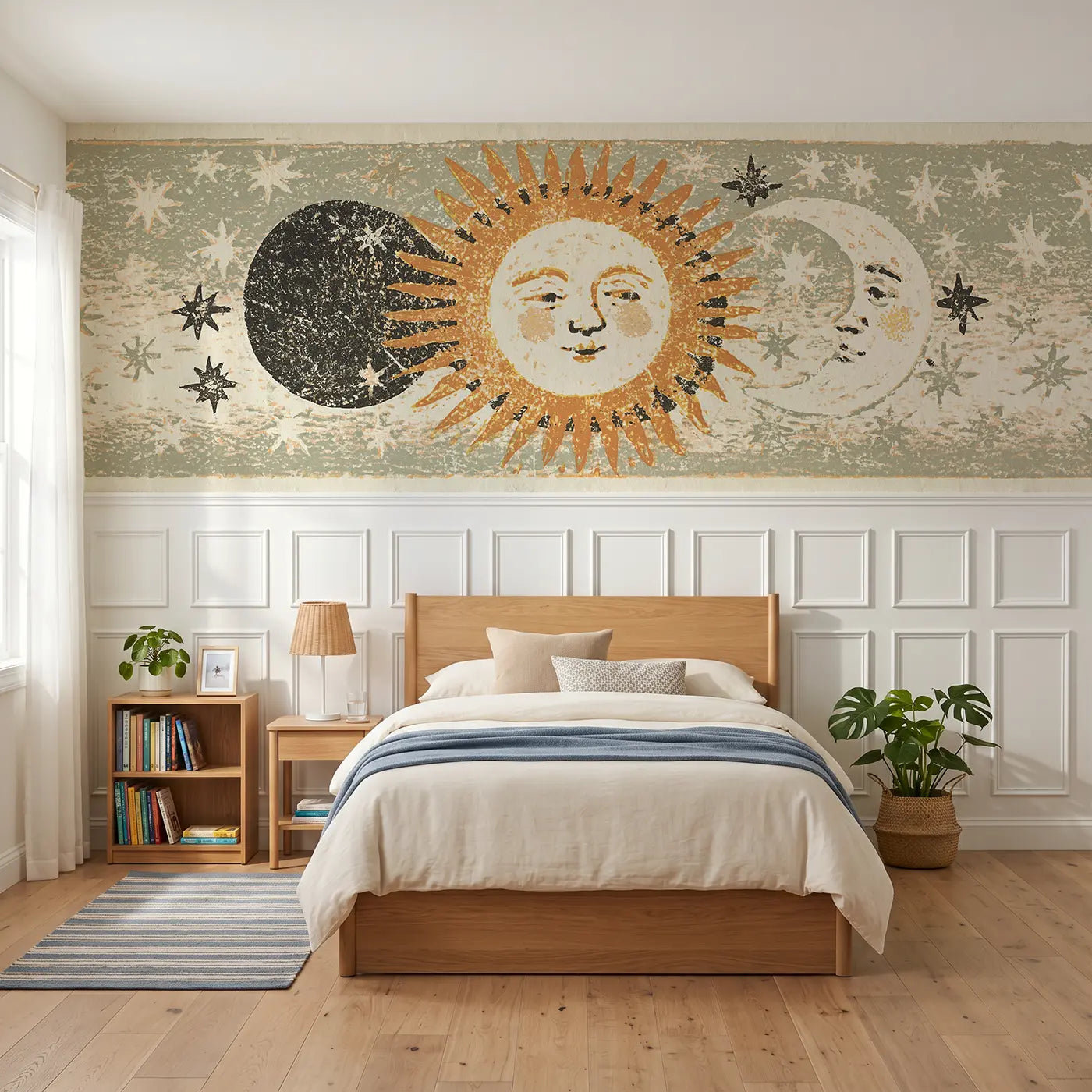 Block Print carved sun moon eclipse wainscoting wallpaper for bedroom by Whimsy Tots