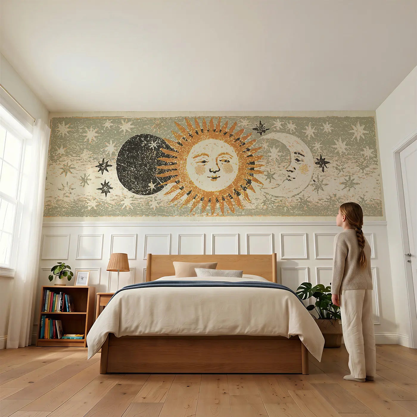 Child reading near Carved Sun Moon Eclipse Wainscoting Wallpaper by Whimsy Tots