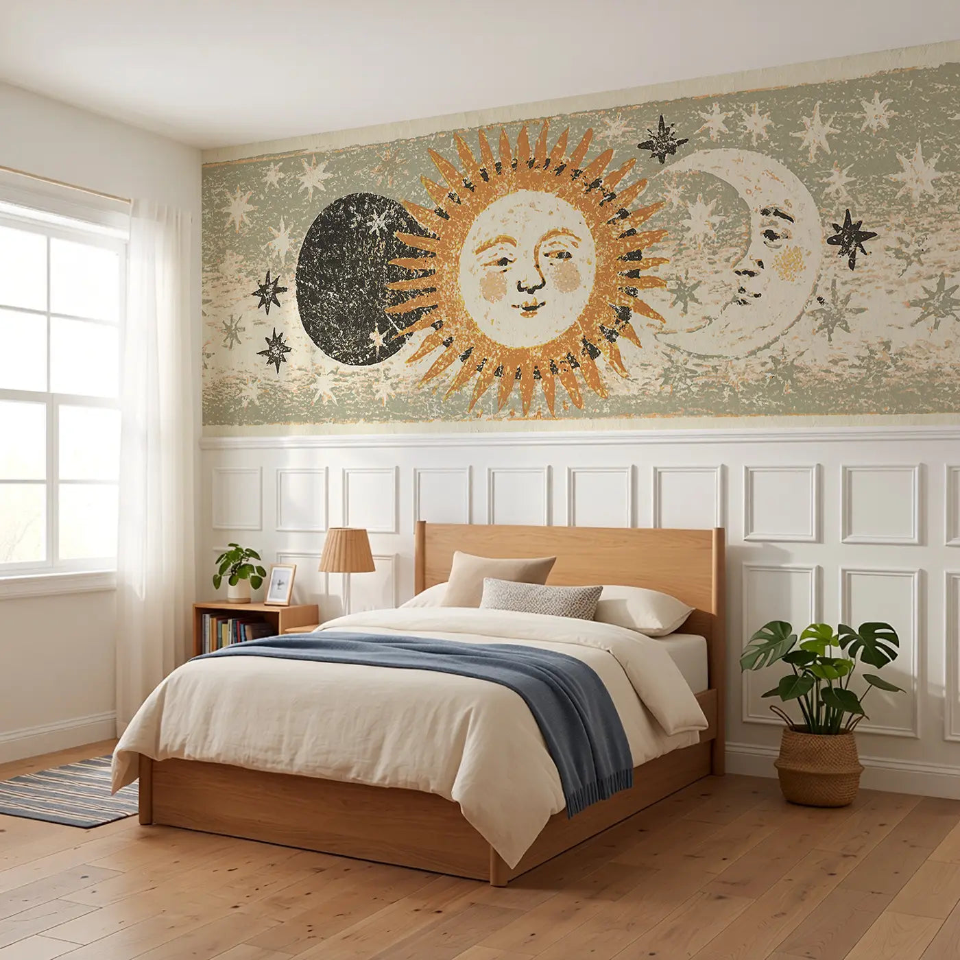 Carved Sun Moon Eclipse Wainscoting Wallpaper styled in a kids bedroom by Whimsy Tots