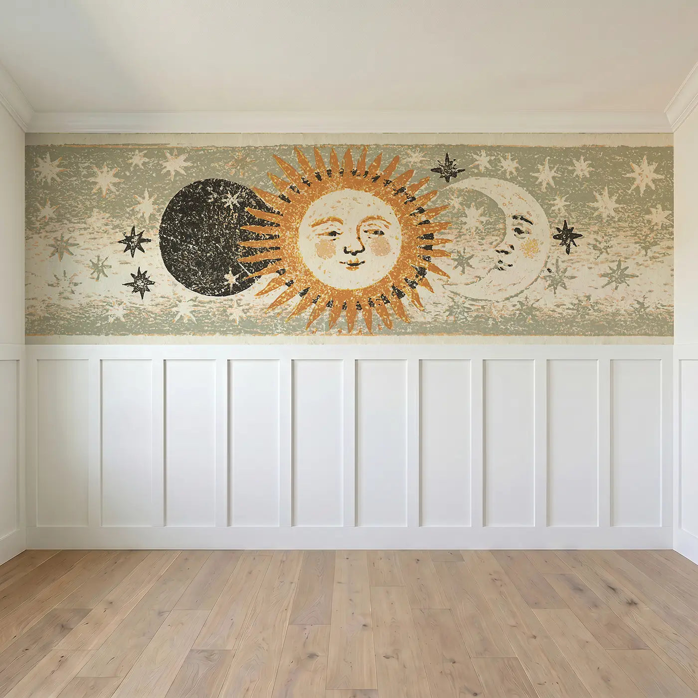 Full panel view of Carved Sun Moon Eclipse Wainscoting Wallpaper by Whimsy Tots