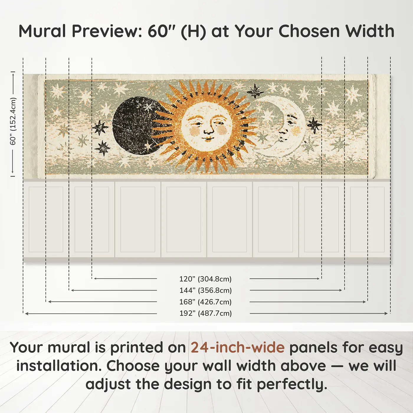 Panel dimensions for Carved Sun Moon Eclipse Wainscoting Wallpaper by Whimsy Tots