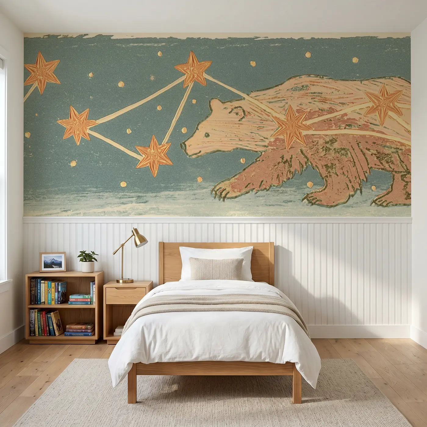 Block Print linocut constellation bear wainscoting wallpaper for bedroom by Whimsy Tots