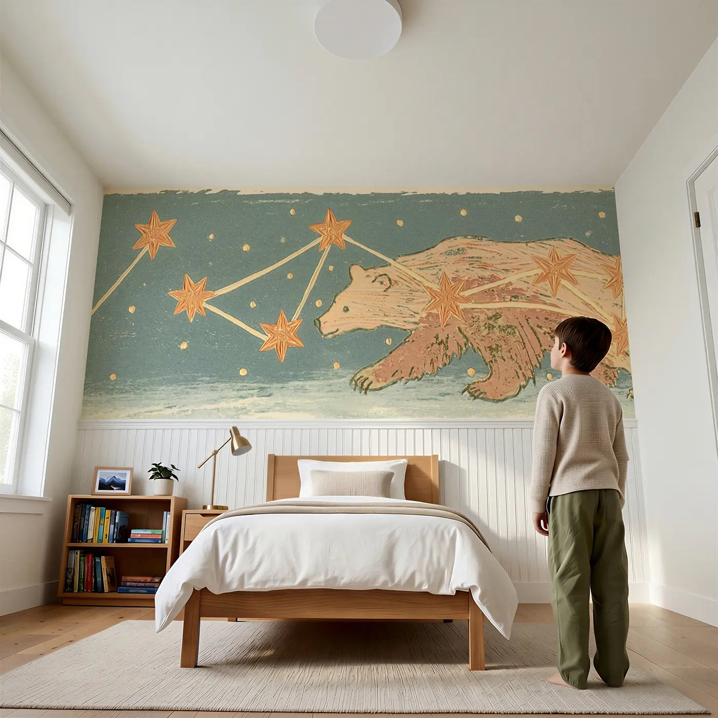 Child reading near Linocut Constellation Bear Wainscoting Wallpaper by Whimsy Tots