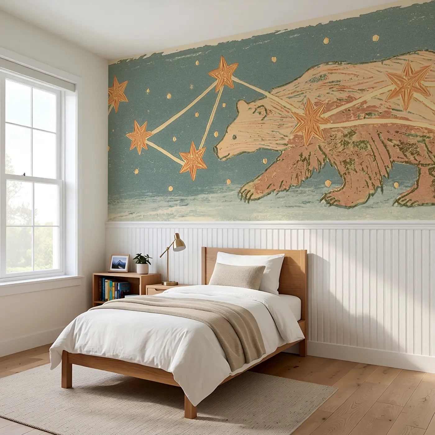 Linocut Constellation Bear Wainscoting Wallpaper styled in a kids bedroom by Whimsy Tots
