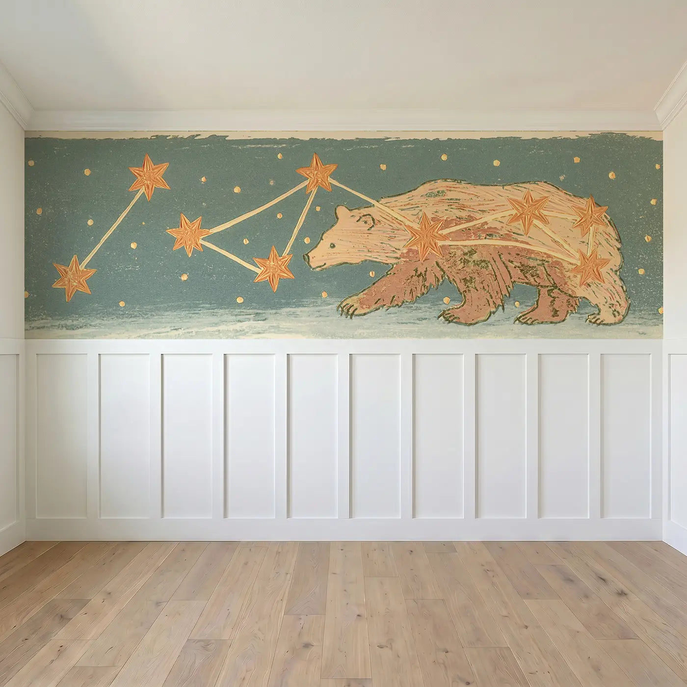 Full panel view of Linocut Constellation Bear Wainscoting Wallpaper by Whimsy Tots