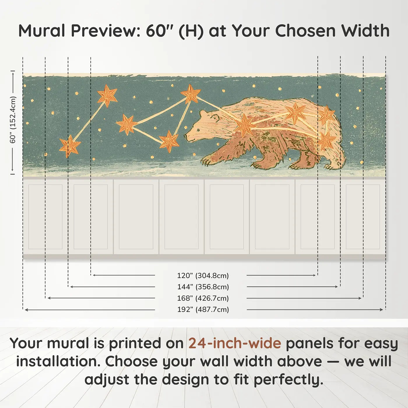 Panel dimensions for Linocut Constellation Bear Wainscoting Wallpaper by Whimsy Tots