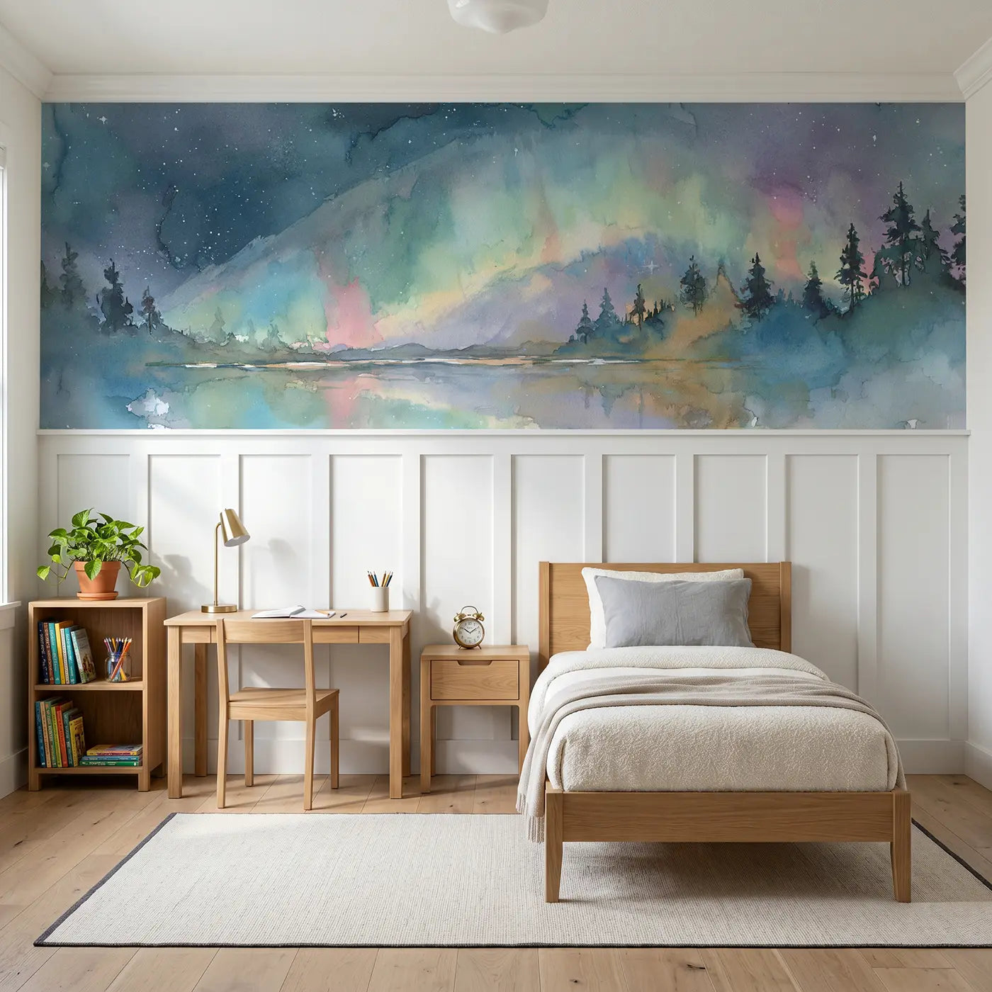 Watercolor aurora borealis mountain wainscoting wallpaper for bedroom by Whimsy Tots