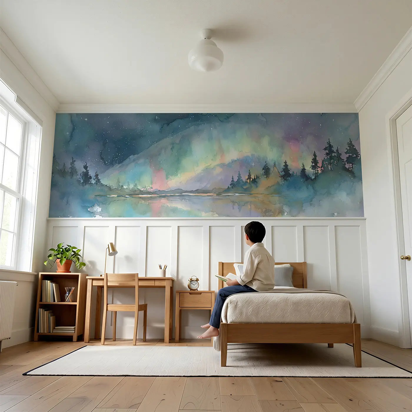 Child reading near Aurora Borealis Mountain Wainscoting Wallpaper by Whimsy Tots