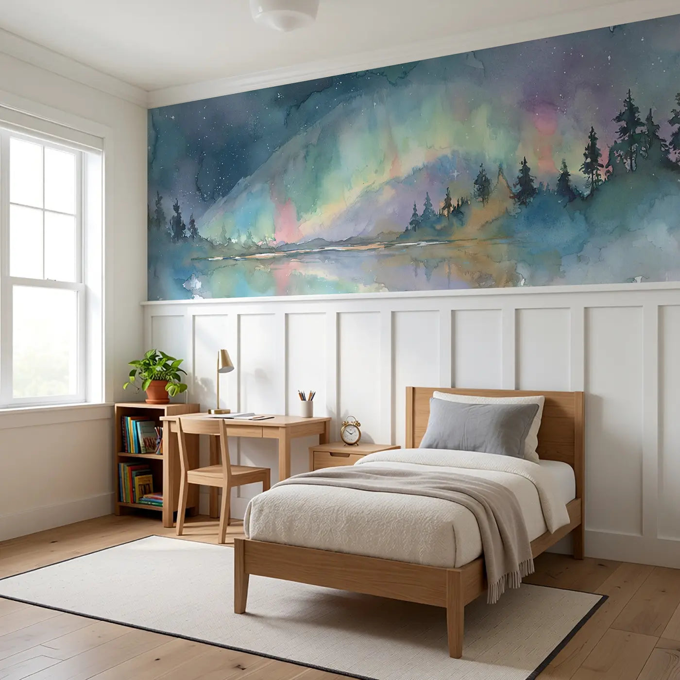 Aurora Borealis Mountain Wainscoting Wallpaper styled in a kids bedroom by Whimsy Tots