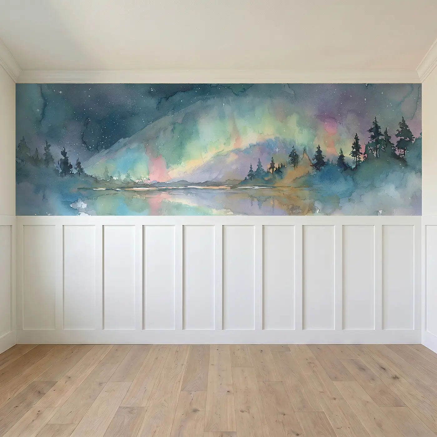 Full panel view of Aurora Borealis Mountain Wainscoting Wallpaper by Whimsy Tots